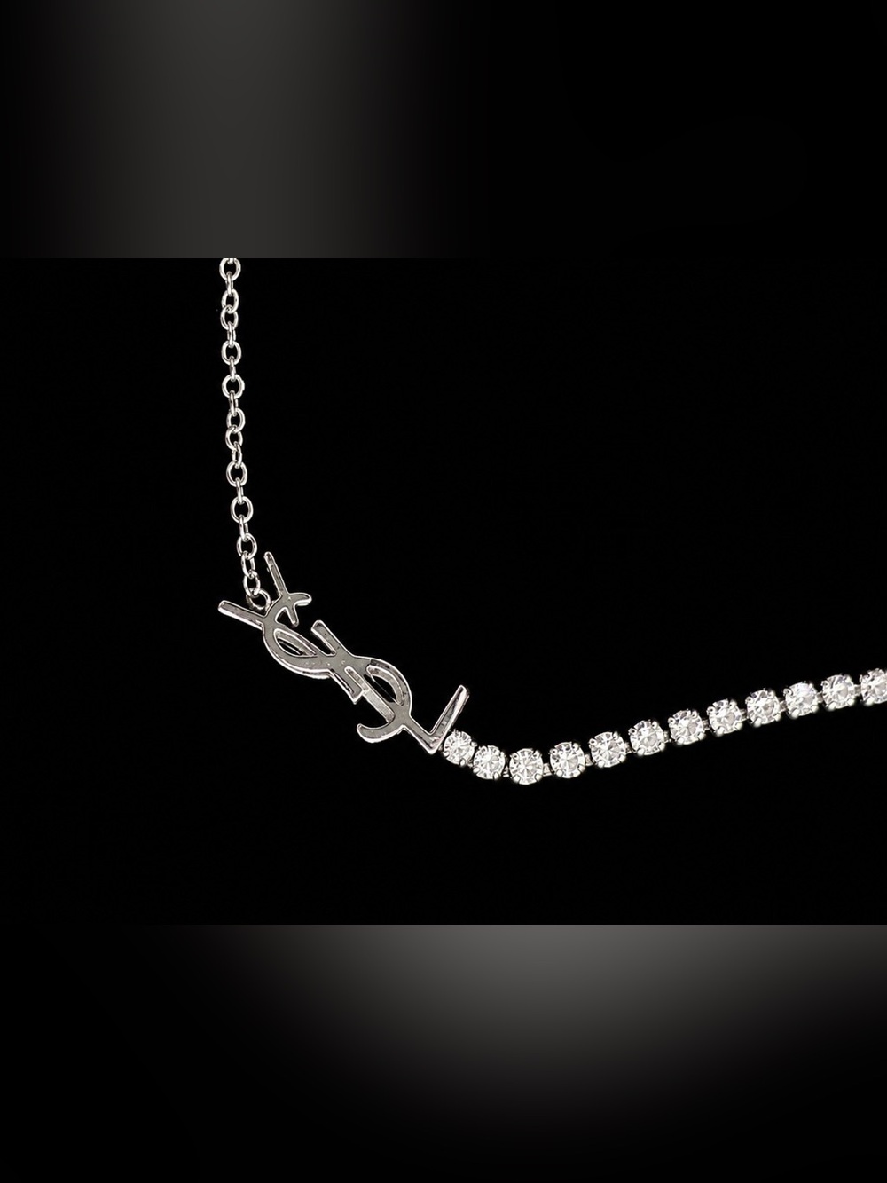 Silver YSL Monogram Rhinestone Tennis Chain Statement Necklace - Picture 5 of 7